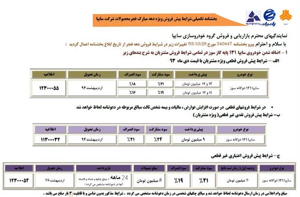 بخشنامه تکیملی شرایط پیش فروش ویژه دهه مبارک فجر